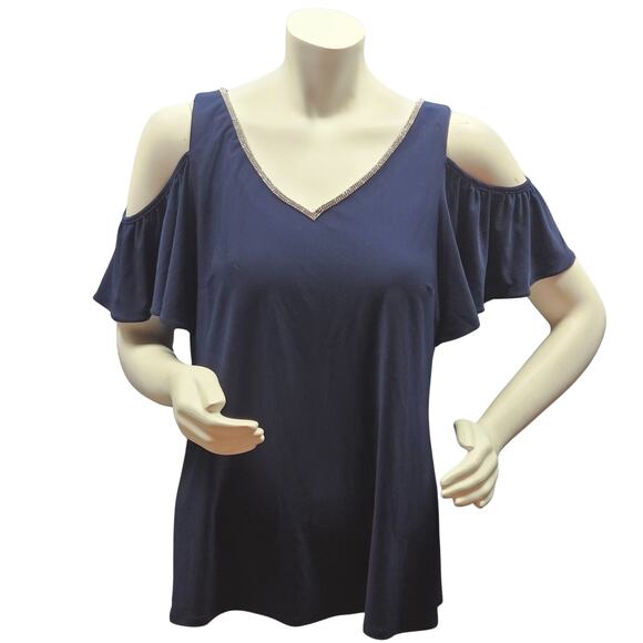 MSK Womens Rhinestone-Trim Cold-Shoulder Top Dark Blue Large Polyester Spandex - Picture 1 of 7